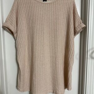 Ribbed Short-Sleeve Tunic Top in Beige